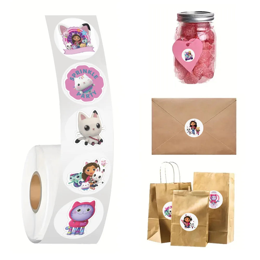 500pcs/Roll Cartoon Gabbys Dollhouse Roll Stickers Graffiti Luggage Suitcase Skateboard Phone Cute Sticker Children Decal Gifts