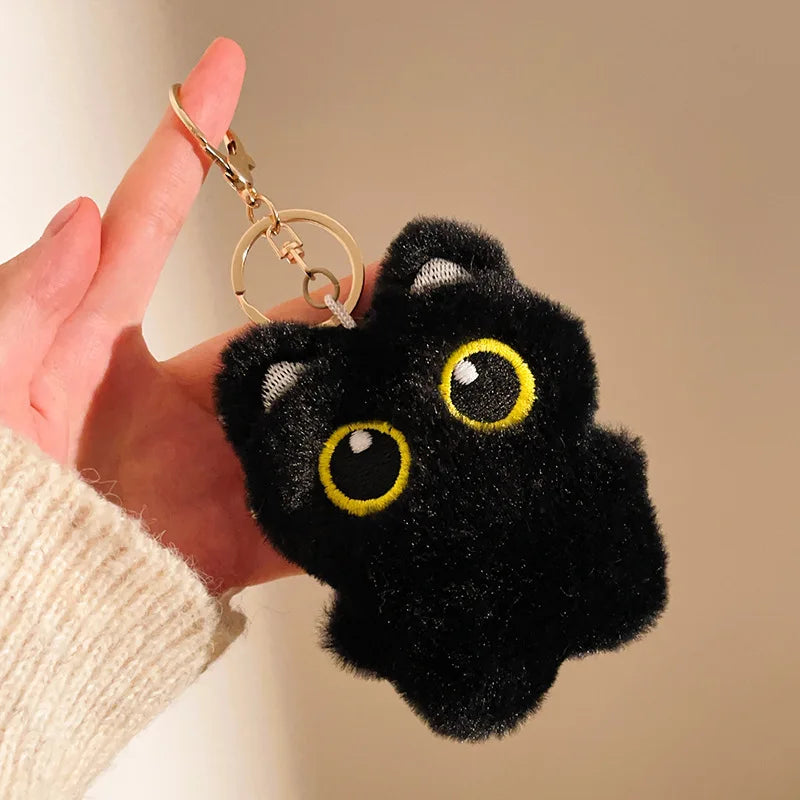 Cute Mini Black Cat Pendant Keychain Cartoon Plush Kitten Doll Charms With Beaded Chain Cuddly Black Kitten For Boys Girls Gifts