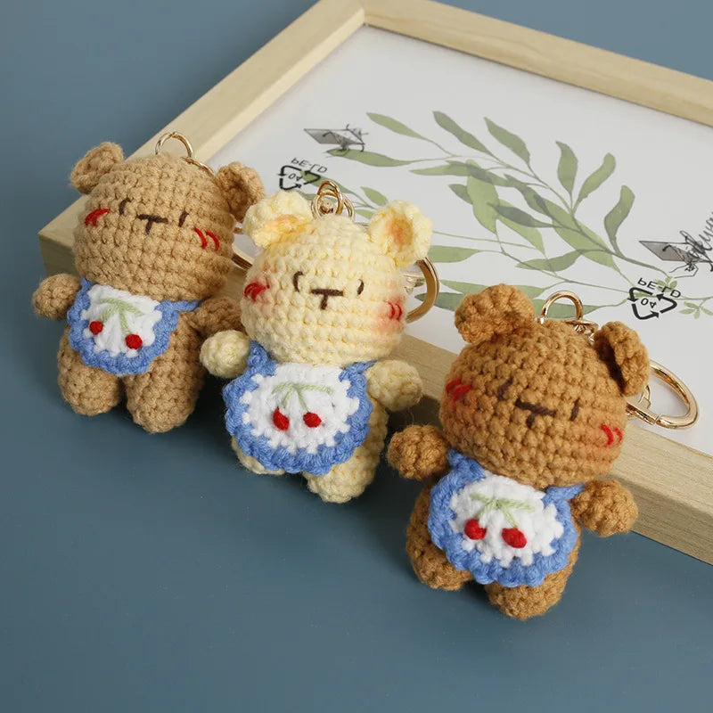 Cute Small Bear Doll Keychain For Couple Gifts Handmaking Crochet Cartoon Bear Keychain Knitting Animal Doll Custom Accessories