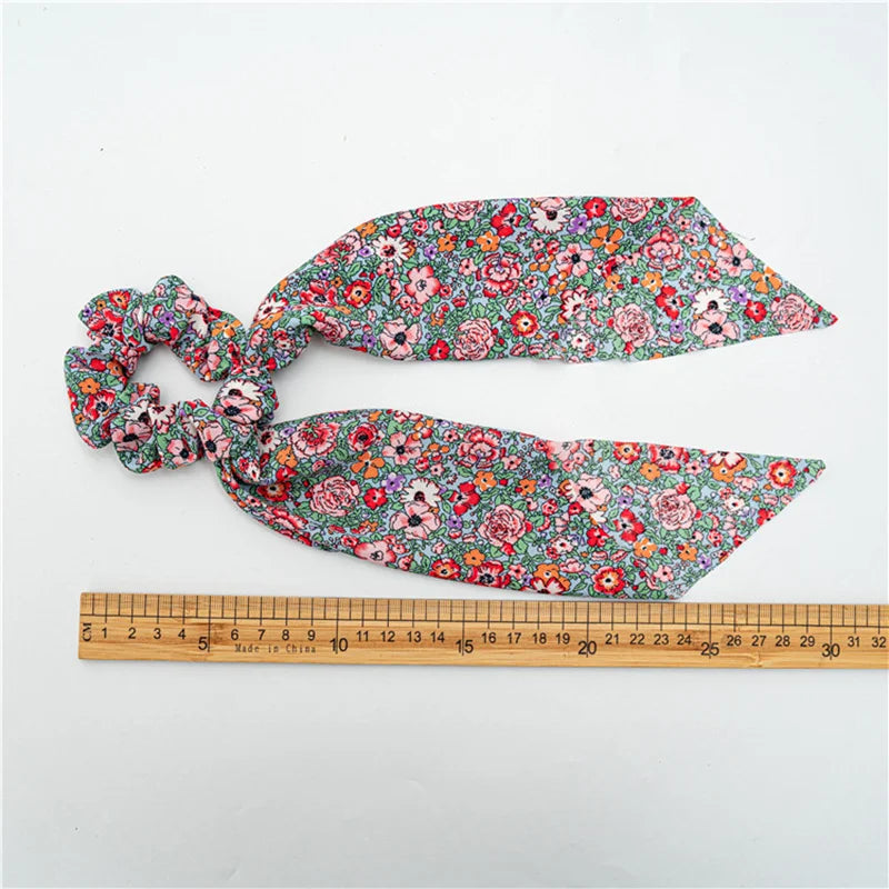 Fashion Flower Print Bow Satin Long Ribbon Ponytail Scarf Tie Scrunchies Women Girls Elastic Bands Hair Accessories