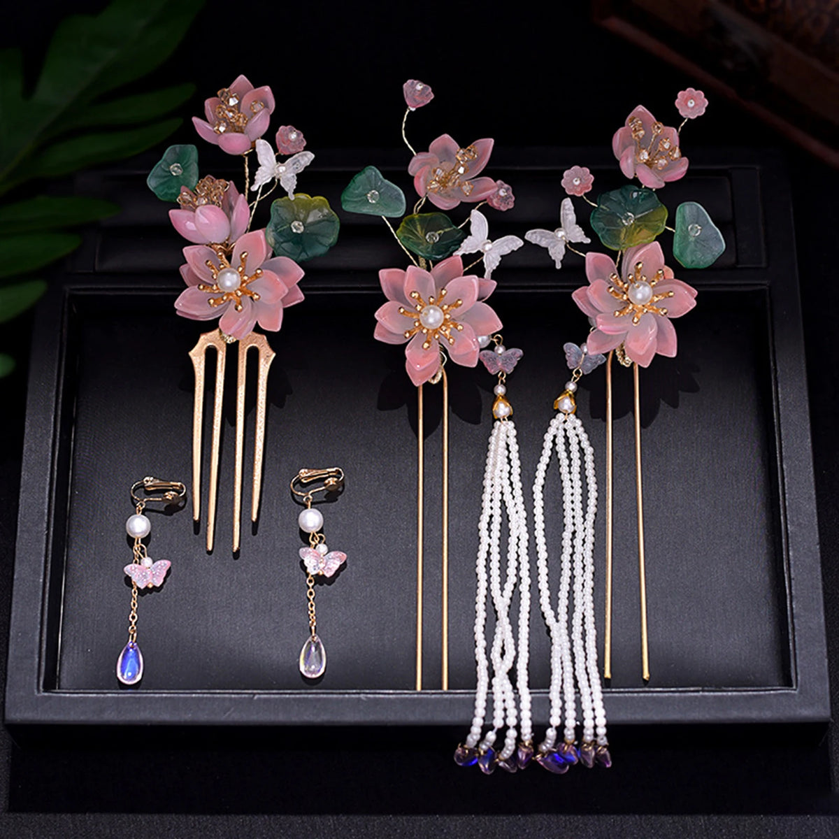 Chinese Hanfu Hair Stick Hairpin Earrings Hair Accessories Set Long Fringed Vintage Hairpin Flower Handmade Wedding Hair Jewelry