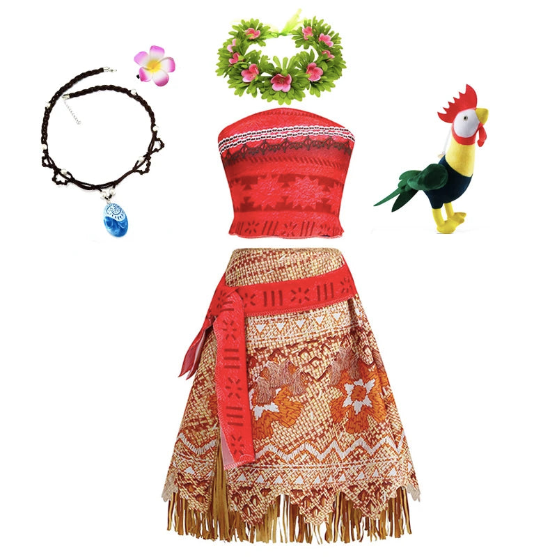 Moana Dress for Kids Girls Princess Vaiana Cosplay Carnival Children Birthday Party Headwear Necklace Pet Pig Chicken Set
