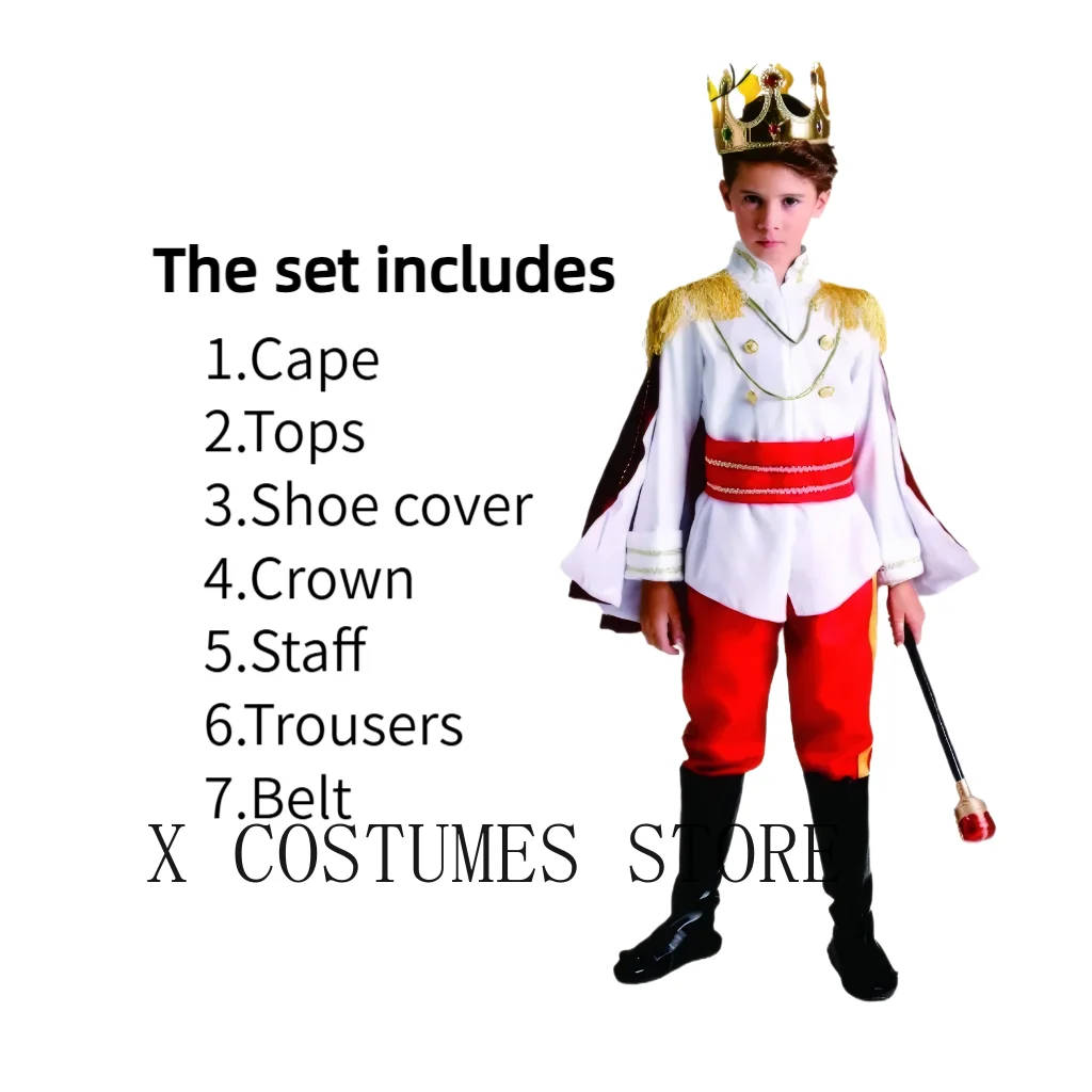 Boy's King Prince Cosplay Costume Prince Crown Scepter Cloak Royalty Suit Halloween Birthday Carnival Costumes Fancy Dress Up