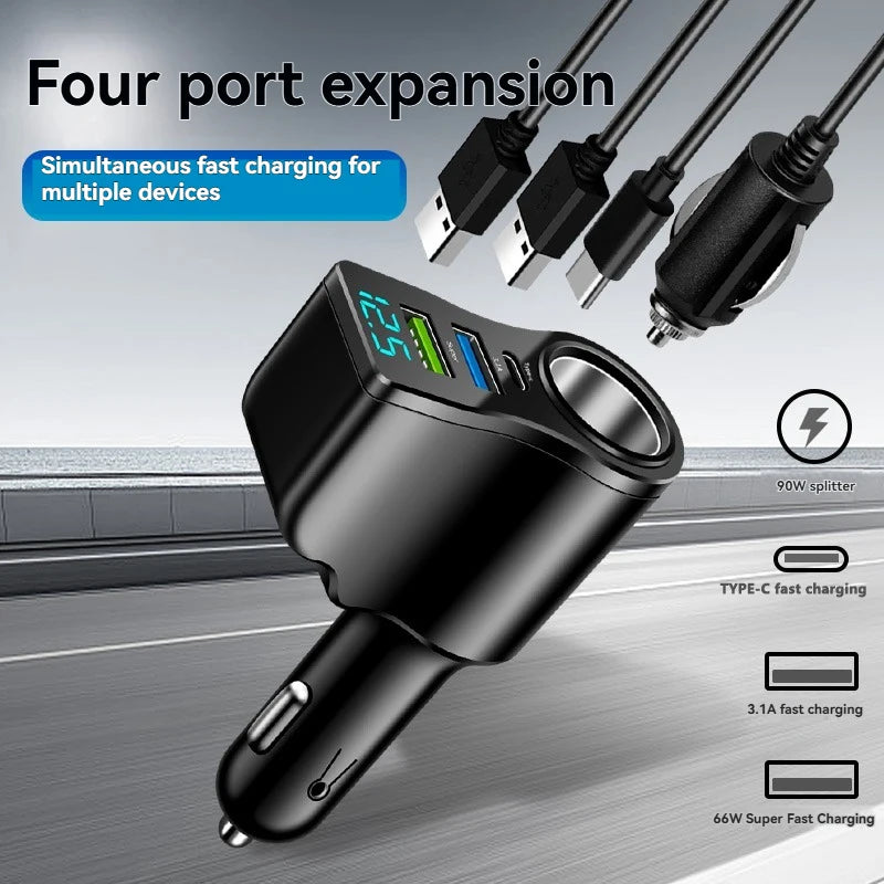 New digital display car fast charging dual USB car charger car one to three cigarette lighter 66W car multifunctional charger