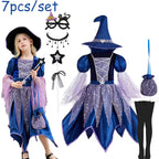 Halloween Party Costumes Witch Dress for Girls Kids Cosplay Carnival Witch Costume Pumpkin Dress Up With Bag Hat Wand Clothing