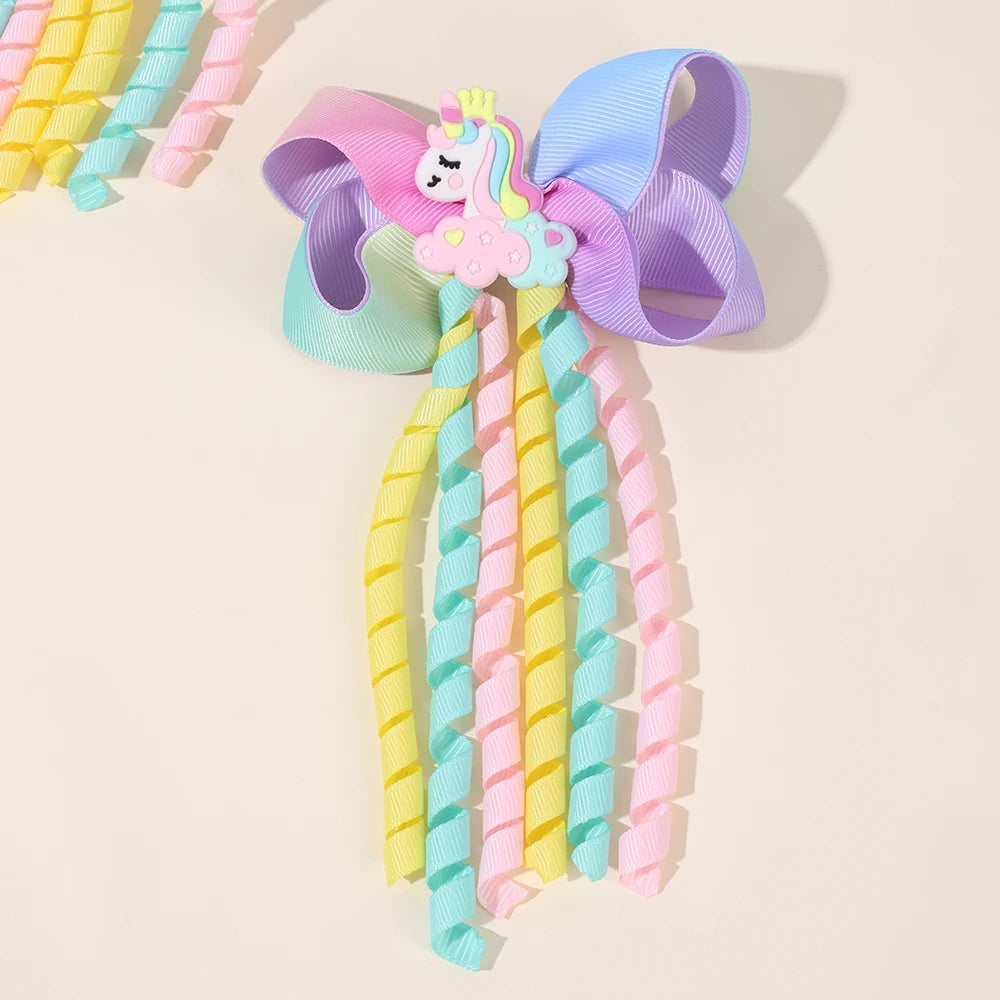 Sweet Unicorn Hair Clips For Girl Bow Barrette Cute Tassel Ribbon Curly Ponytail Hairpins Accessories