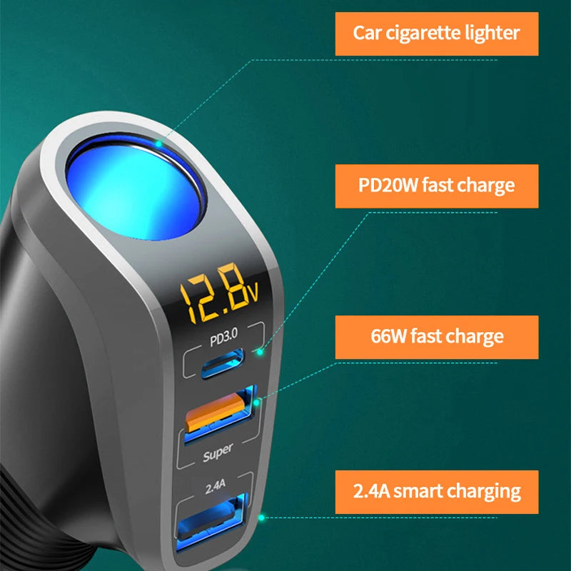 SEAMETAL 66W Car Charger PD20W QC3.0 Port USB Type Fast Charging Phone Charger 12V/24V Universal Cigarette Lighter Power Adapter
