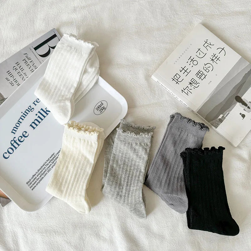 5 Pairs/Lot Women Hollow Mesh Tube Socks Ear Fungus Edge Socks Ins Trendy Spring Summer Loose Mouth Thin Style Girls Pile Socks