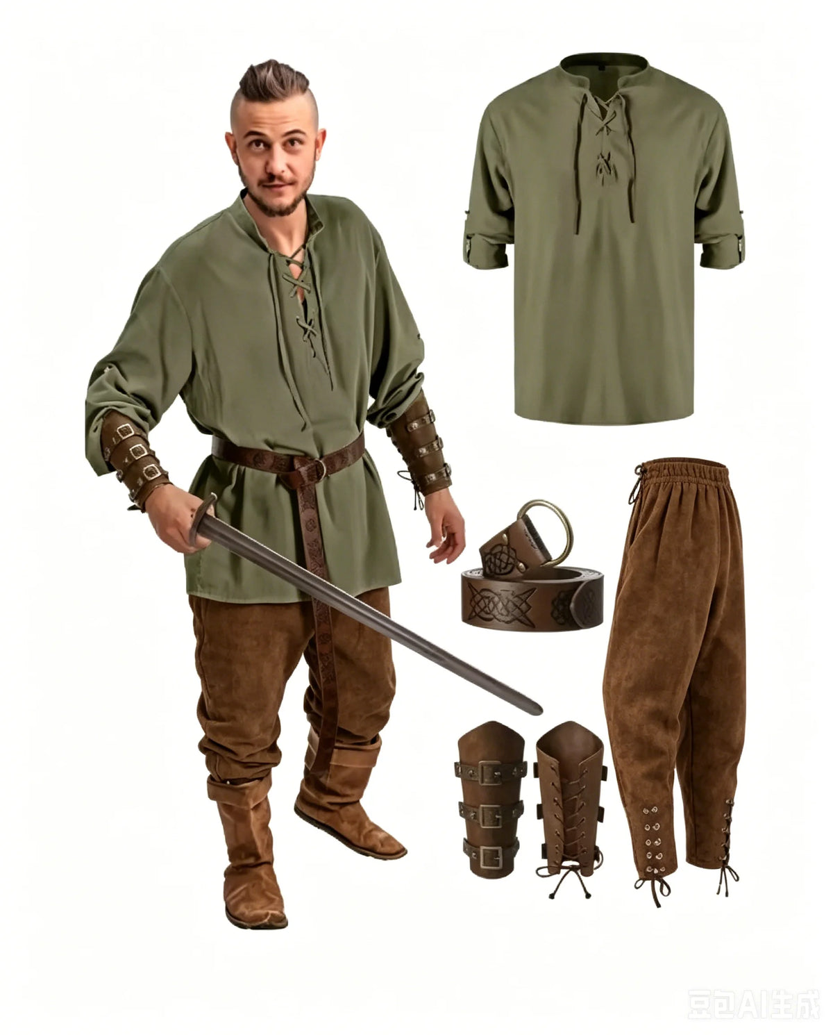 4 Pcs Halloween Men's Renaissance Costume Set Medieval Pirate Shirt Ankle Banded Pants Viking Belt Accessories