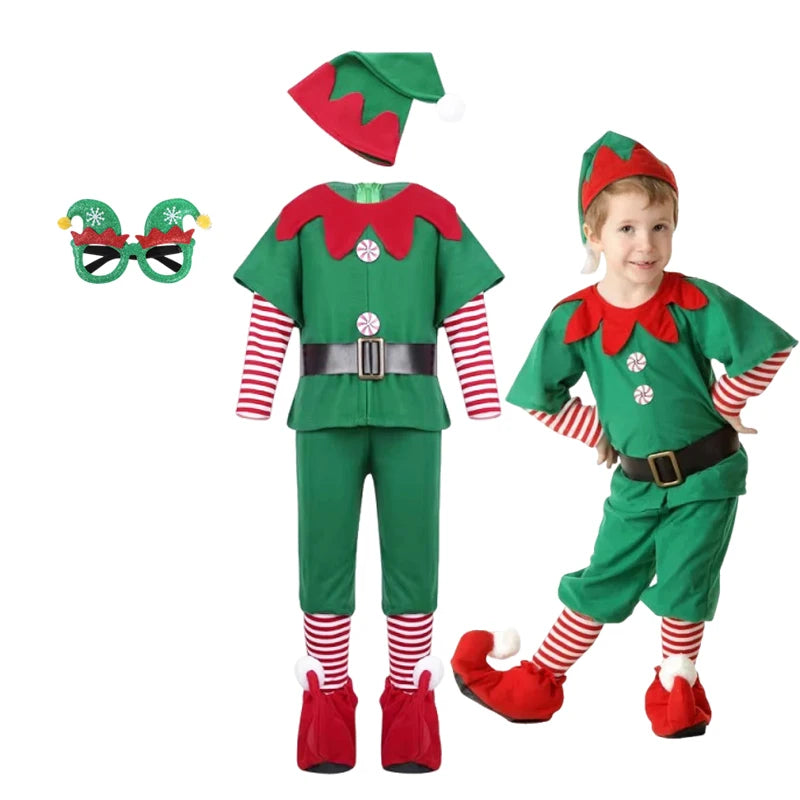 2025 Girl Boy Christmas Elf Costumes Santa Claus Suit Festival Adult Family Halloween Cosplay Sets Green Elves Clothes