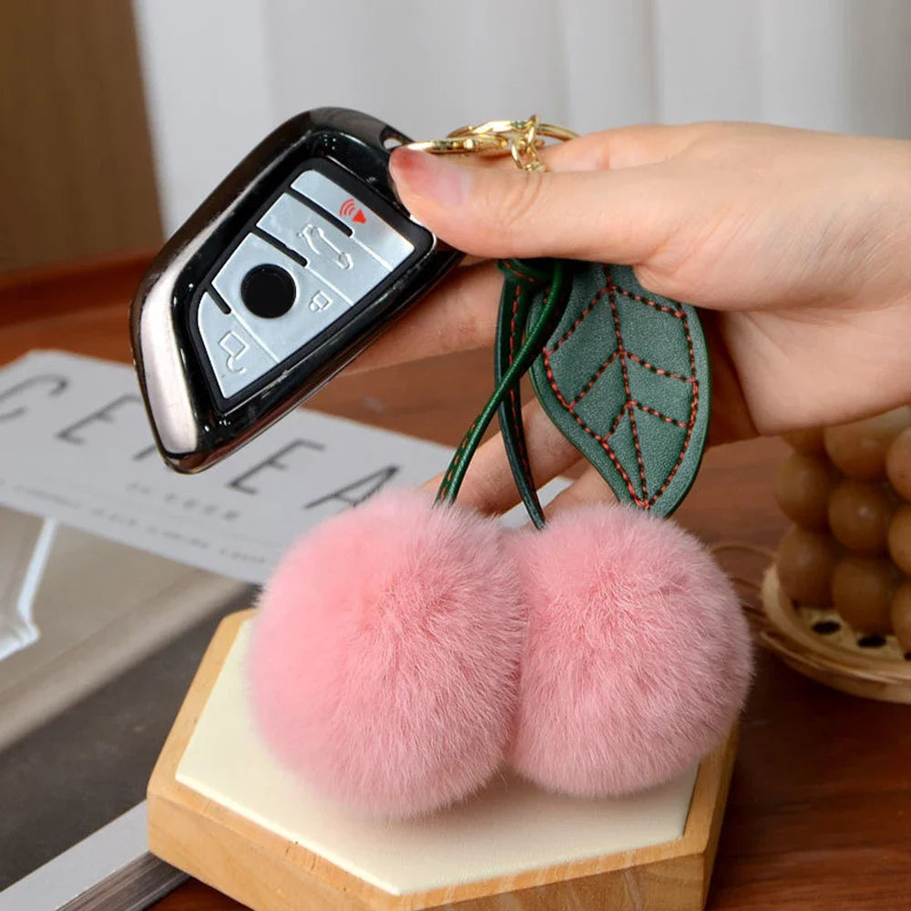 Keychain Key Fob Bag Pendant Fluffy Cherry Keyring Bag Hanging Leaf Artificial Rabbit Fur Ball Key Holder Plush Bag Accessories