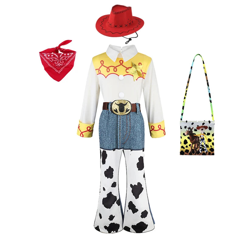 2026 Jessie Cowgirl Costume 2 Piece Set Sleeve shirt Cow Print Flared Pants Kids Cosplay Outfit Halloween Carnival Casual Wear