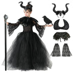 Halloween Costume Fashion Tutu Dress For Girls Cosplay Evil Queen Black Mesh Princess Dress Kids Crow Wand Demon Witch Gown