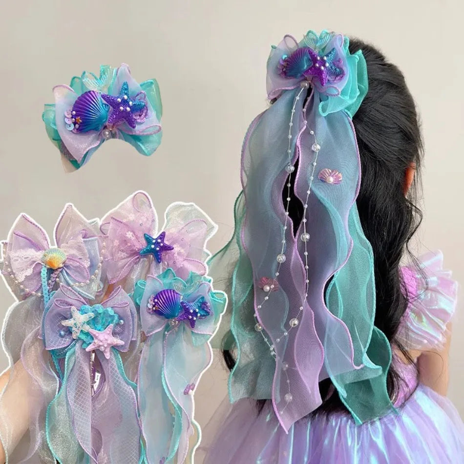Toddler Girl Mermaid Headwear Children Princess Bow Hairpin Girls' Floating Yarn Braided Hair Clip Mermaid Maiden Hair Accessory