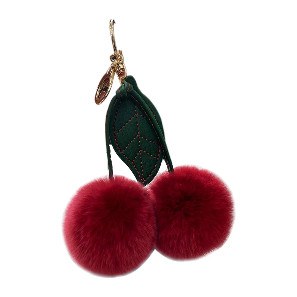 Keychain Key Fob Bag Pendant Fluffy Cherry Keyring Bag Hanging Leaf Artificial Rabbit Fur Ball Key Holder Plush Bag Accessories