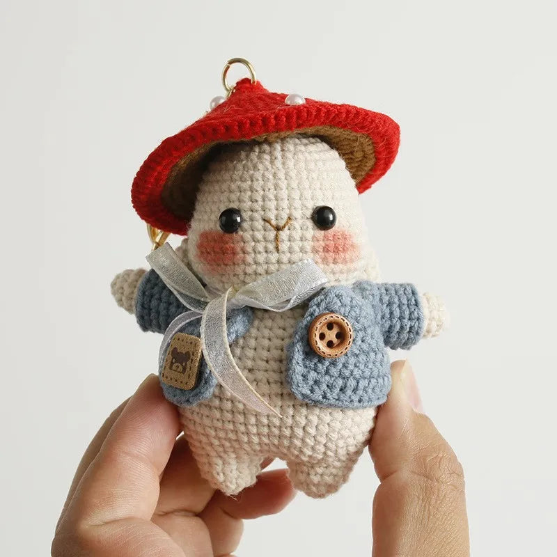 Cute Mushroom Rabbit Crochet Keychains Handmaking Crochet Cartoon Rabbit Doll Keyring For Bag Pendant Knitted Animal Doll Custom