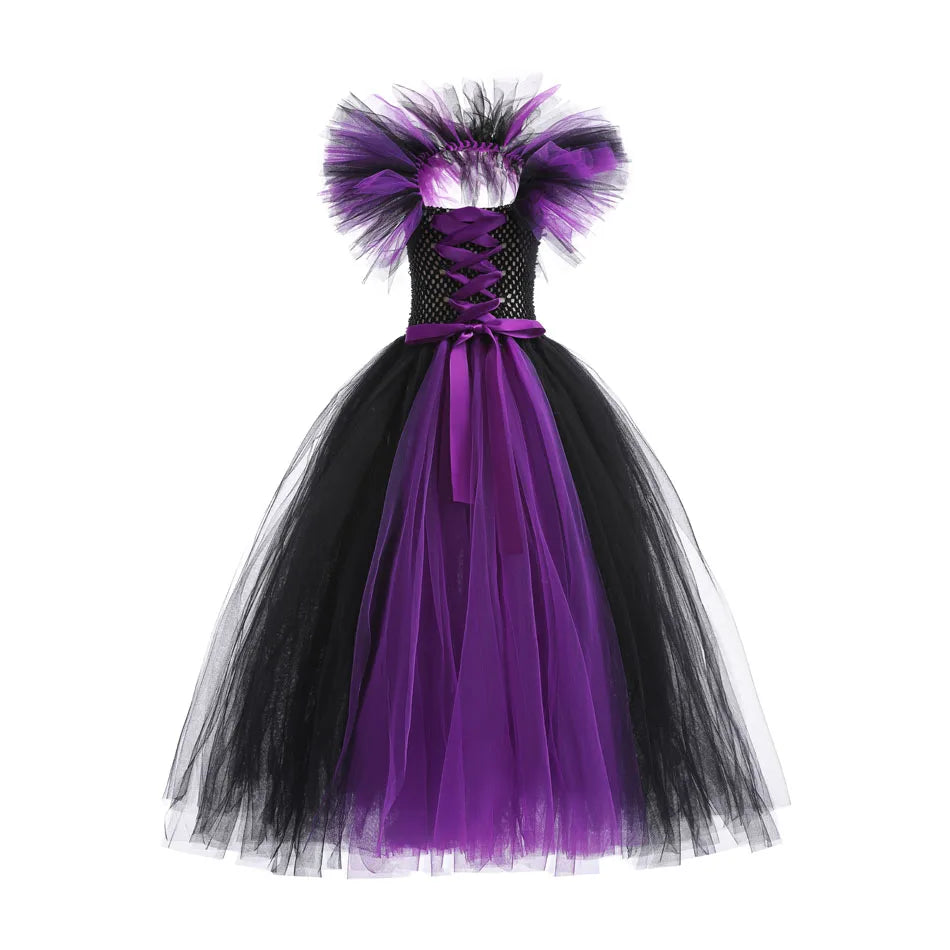 Maleficent Neck Dress Girls Halloween Theme Cosplay Costume Handmade Woven Tulle Dress Evil Role Playing Outfits Luxury Gown