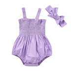 Newborn Baby Girl Romper Summer Sleeveless Smocked Cotton Linen Clothes Outfit with Headband