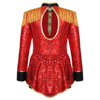 Girls Shiny Sequins Circus Ringmaster Magician Drummer Costume Lion Tamer Long Sleeve Fringe Epaulet Bodysuit for Halloween