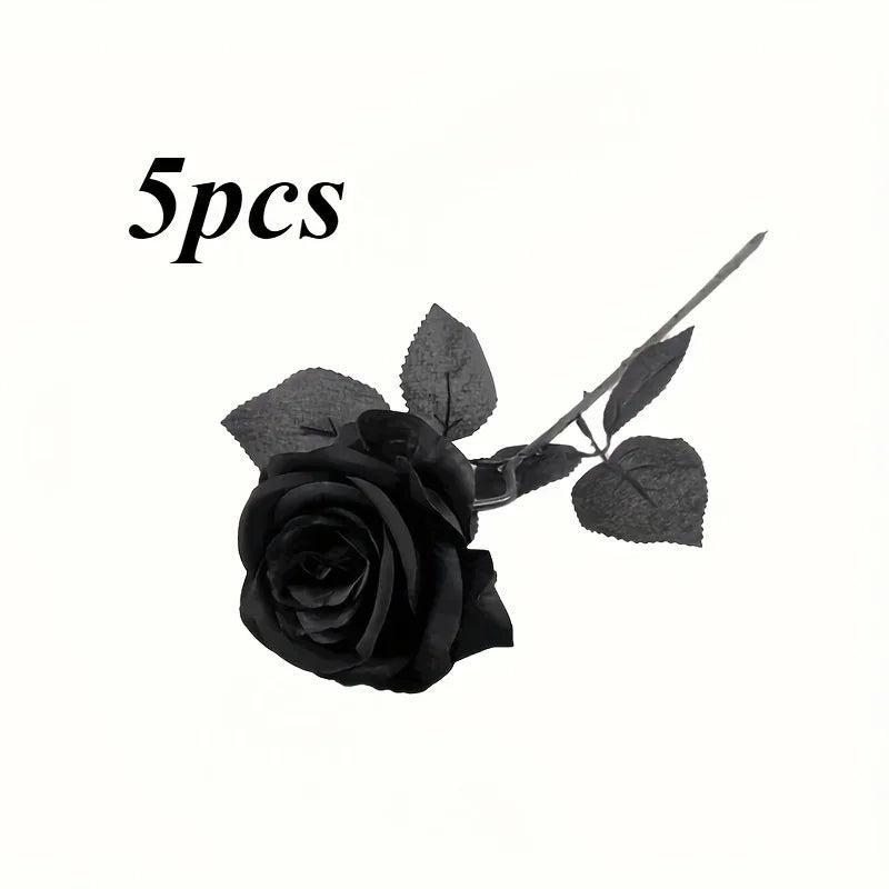 5/10pcs Artificial Black Roses for Home Decor, Long Stem Fake Flowers No Vase, Wedding Halloween Party Table Centerpiece