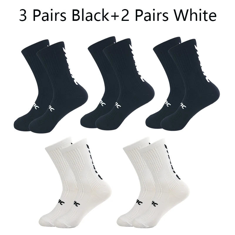 5 Pairs Cycling Socks Men Letter Breathable Bicycle Sport Running Socks Mid Tube Compression Outdoor Racing MTB Road Bike Socks