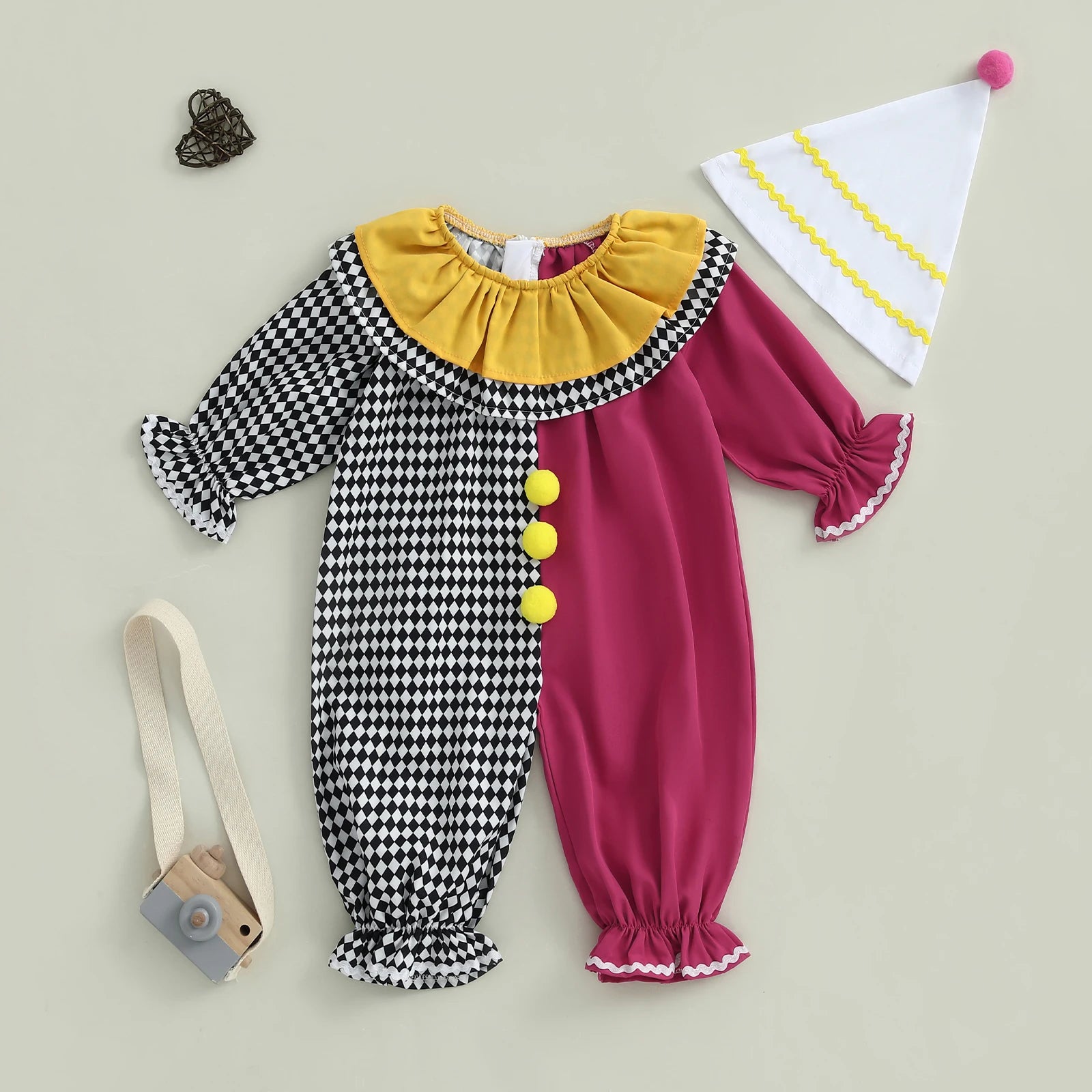 0-5Y Toddler Baby Clown Costume Boy Girl Funny Halloween Outfit Contrast Color Long Sleeve Jumpsuit with Hat