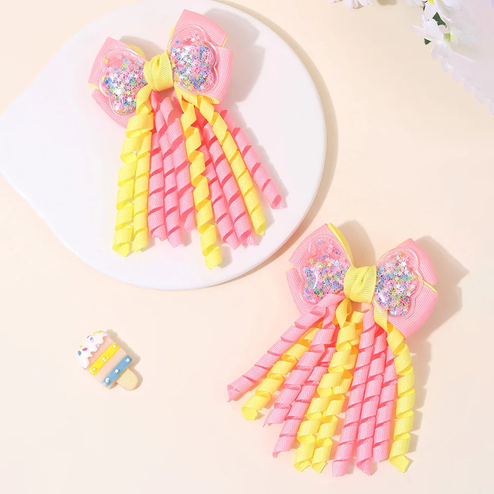 Sweet Unicorn Hair Clips For Girl Bow Barrette Cute Tassel Ribbon Curly Ponytail Hairpins Accessories