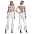 Womens 70s Disco Shiny Sequins Jumpsuit Sleeveless Turn-Down Collar Zipper Rhinestone O-Ring Front Tiered Bell-Bottom Bodysuit