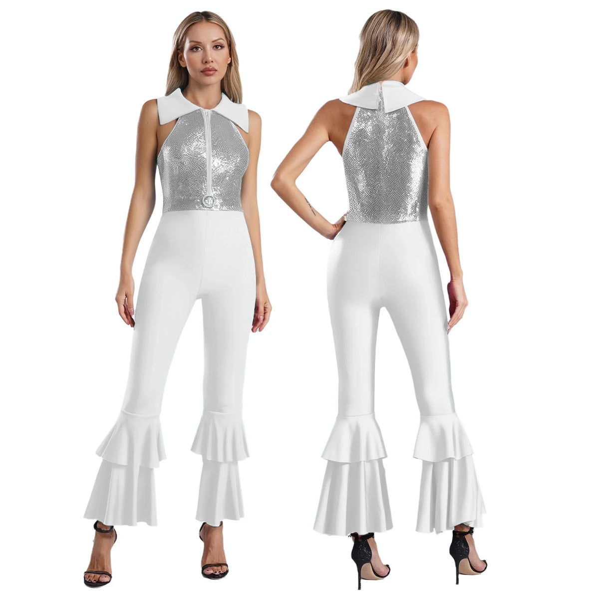 Womens 70s Disco Shiny Sequins Jumpsuit Sleeveless Turn-Down Collar Zipper Rhinestone O-Ring Front Tiered Bell-Bottom Bodysuit