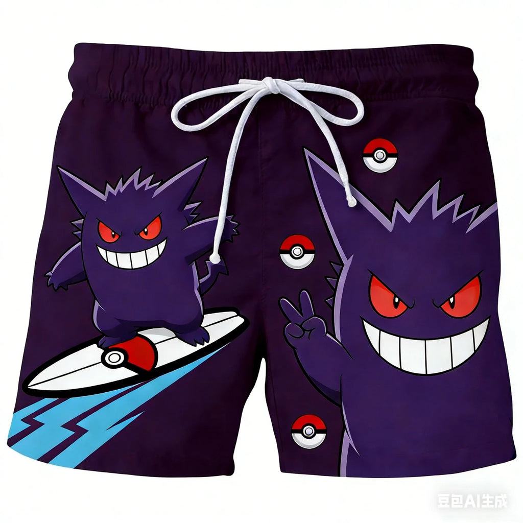 Pokemon Men's Beach Shorts 3D Print Anime Pikachu Gengar Board Shorts Summer Casual Trunks Elastic Waist Sports Shorts Men Boys