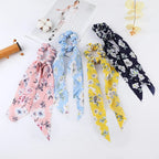 Fashion Flower Print Bow Satin Long Ribbon Ponytail Scarf Tie Scrunchies Women Girls Elastic Bands Hair Accessories