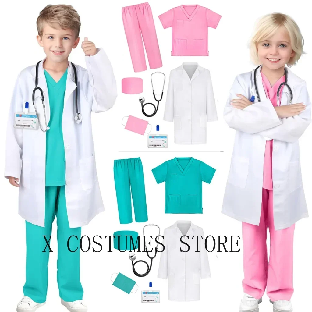 Kids Doctor Nurse Cosplay Costume, V Neck Surgical Uniform for Boys Girls, Halloween Party Role Play Dress Up Outfit
