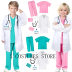Kids Doctor Nurse Cosplay Costume, V Neck Surgical Uniform for Boys Girls, Halloween Party Role Play Dress Up Outfit