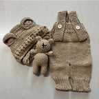 3pcs/sets Newborn Photography Clothing Hand-woven Romper Pants Bear Hat and Bear Dolls Decor Props Baby Photoshoot Outfits