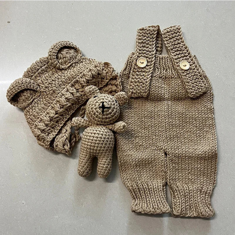 3pcs/sets Newborn Photography Clothing Hand-woven Romper Pants Bear Hat and Bear Dolls Decor Props Baby Photoshoot Outfits