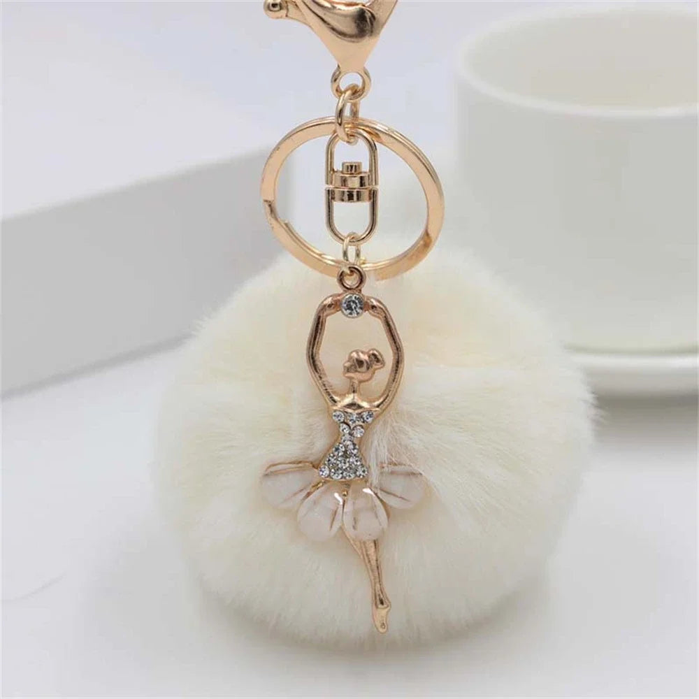 Fashion Rhinestone Ballet Dancer Keychain Cute Plush Ball Keyring for Women Girls Car Handbag Backpack Phone Pendant Accessories
