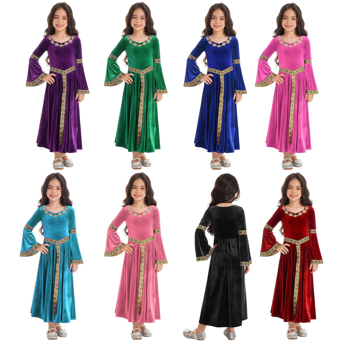 Girls Medieval Renaissance Princess Costume Velvet Long Flare Sleeve Vintage Dress Gown Carnival Party Cosplay Dress Up