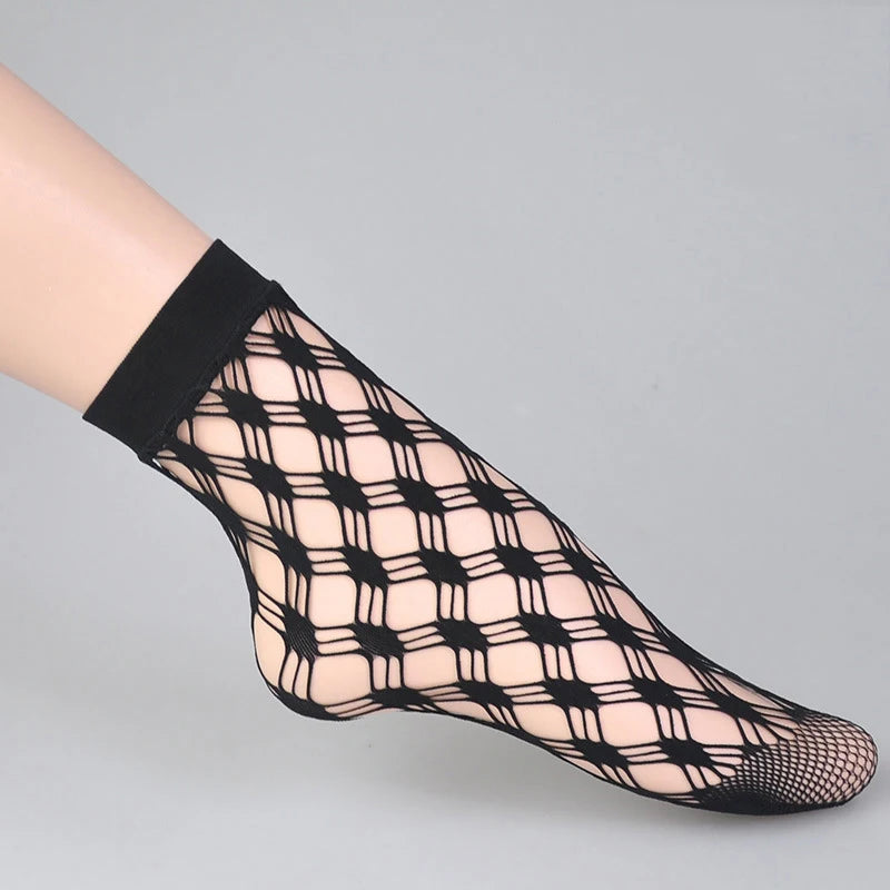6-Pair /Set Summer Black White Sexy Lace Socks Thin Hollow Jacquard Fishing Net Short Stockings