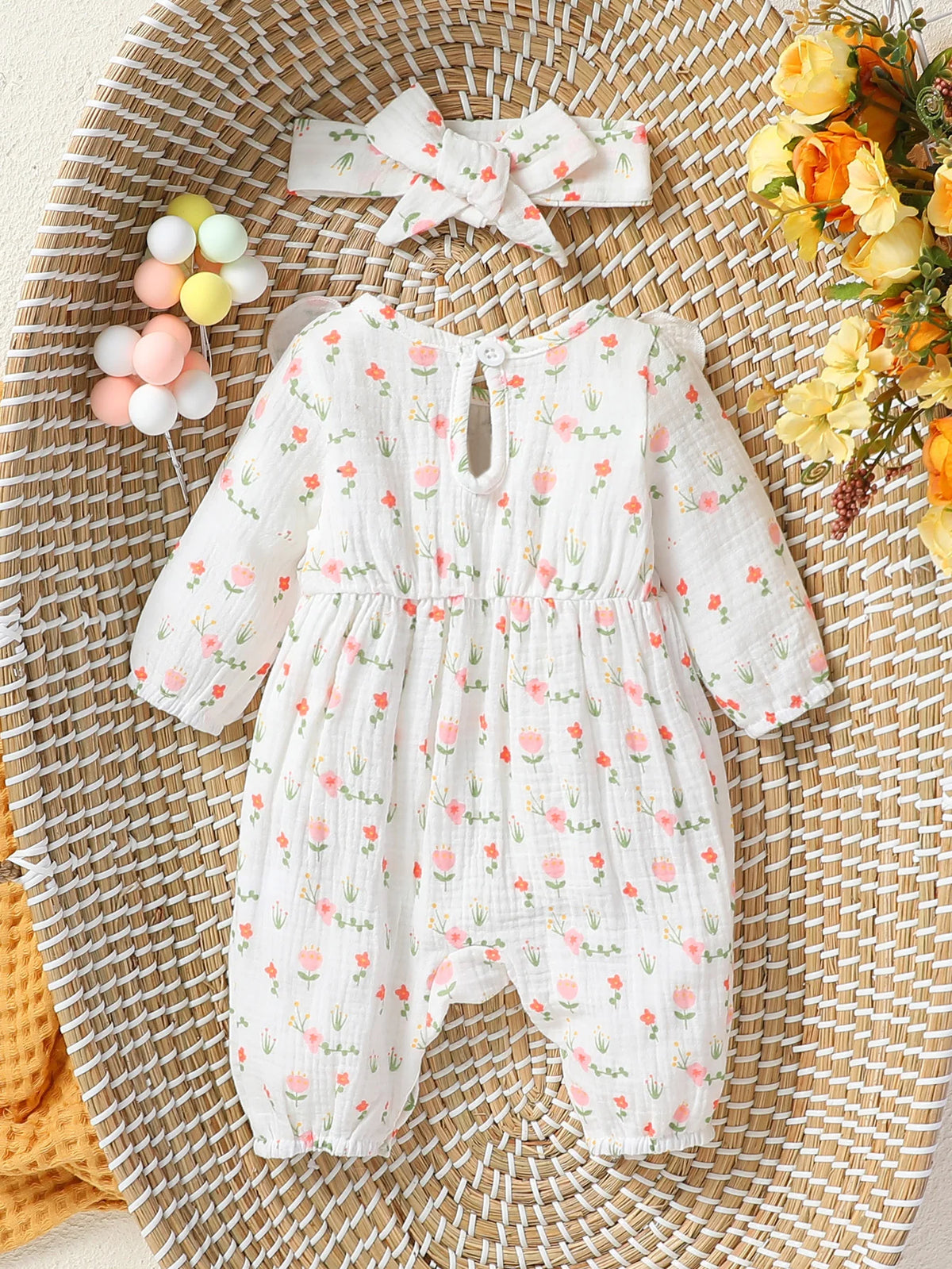 Baby Girl's All Seasons Long Sleeve Print Floral With Bow Daily Jumpsuit For Newborn-6M Clothes +Headband