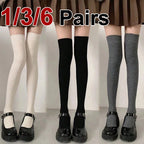 1/3/6 Pairs Women Classic Striped Knee High Stockings Fashionable Versatile Black White Gray Solid Color Comfortable Stockings ﻿