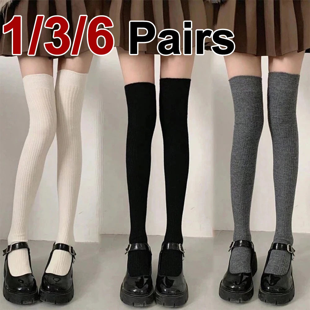 1/3/6 Pairs Women Classic Striped Knee High Stockings Fashionable Versatile Black White Gray Solid Color Comfortable Stockings ﻿