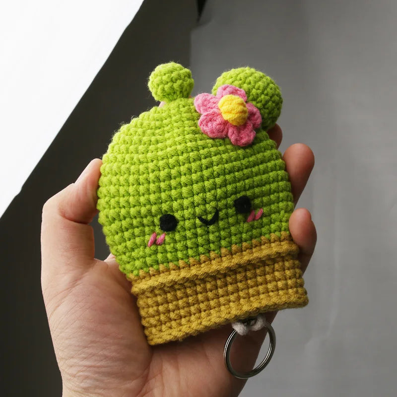 Cute Crochet Cactus Keychain For Keys Storage Bag Keyring Knitting Ladybug Bag Keyrings Wholesale Custom Car Keychain Accessory