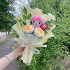 Genuine My Melody Kuromi Cinnamoroll Hellokitty Plush Dolls With Crochet Flowers Creative Handmade Sanrio Bouquet Gifts For Girl
