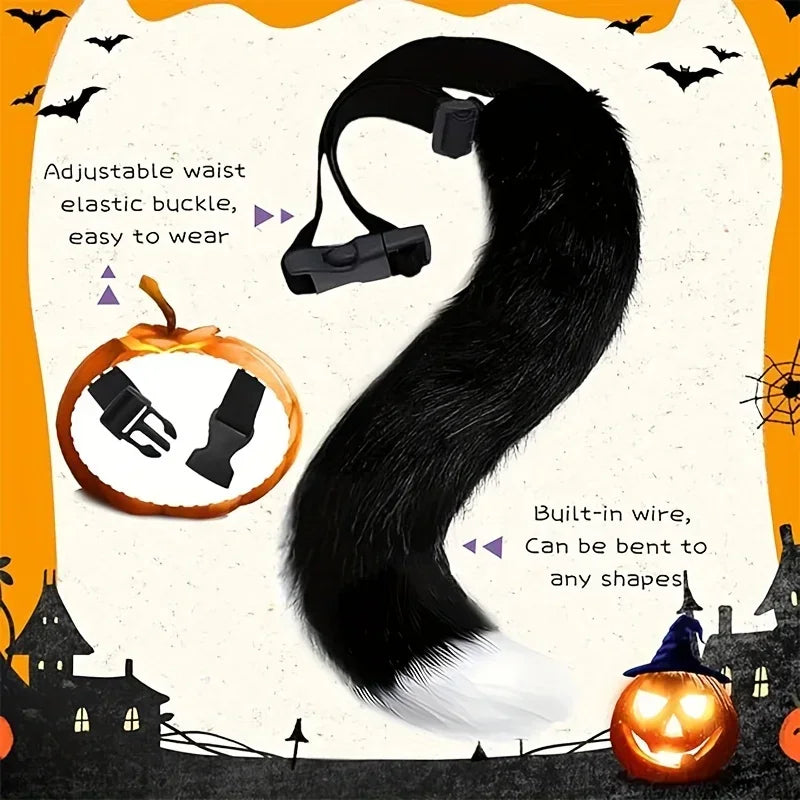 Role playing costume set with black and white stripes, furry tail, gloves and socks, acting props for Halloween