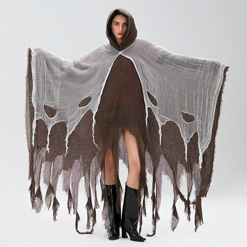 Halloween Witch Cloak with Hood Exaggerated Ripped Grim Reaper Cape Cosplay Props for Party Cosplay Fall Casual Coats Gothic Y2K