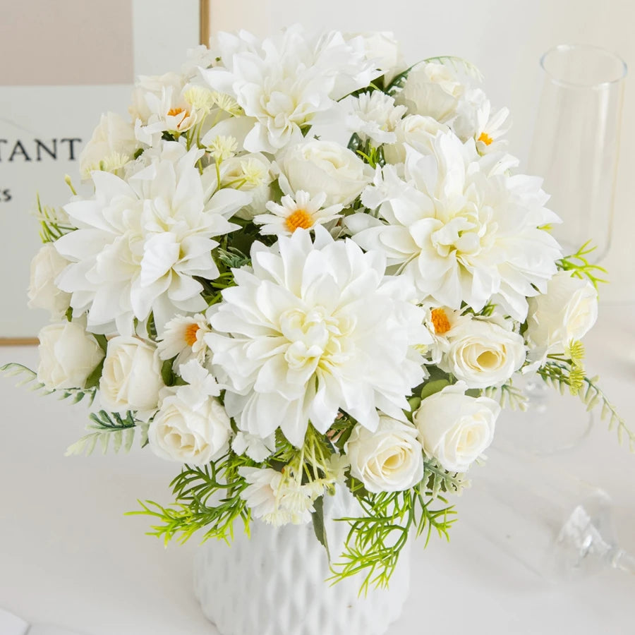 Artificial Rose Flowers Wedding Home Room Yard Decor Bridal Bouquet Garden Fake Silk Dahlia Hydrangeas Vase For Board Outdoors