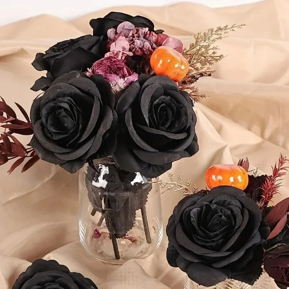 5/10pcs Artificial Black Roses for Home Decor, Long Stem Fake Flowers No Vase, Wedding Halloween Party Table Centerpiece