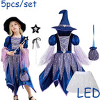 Halloween Party Costumes Witch Dress for Girls Kids Cosplay Carnival Witch Costume Pumpkin Dress Up With Bag Hat Wand Clothing