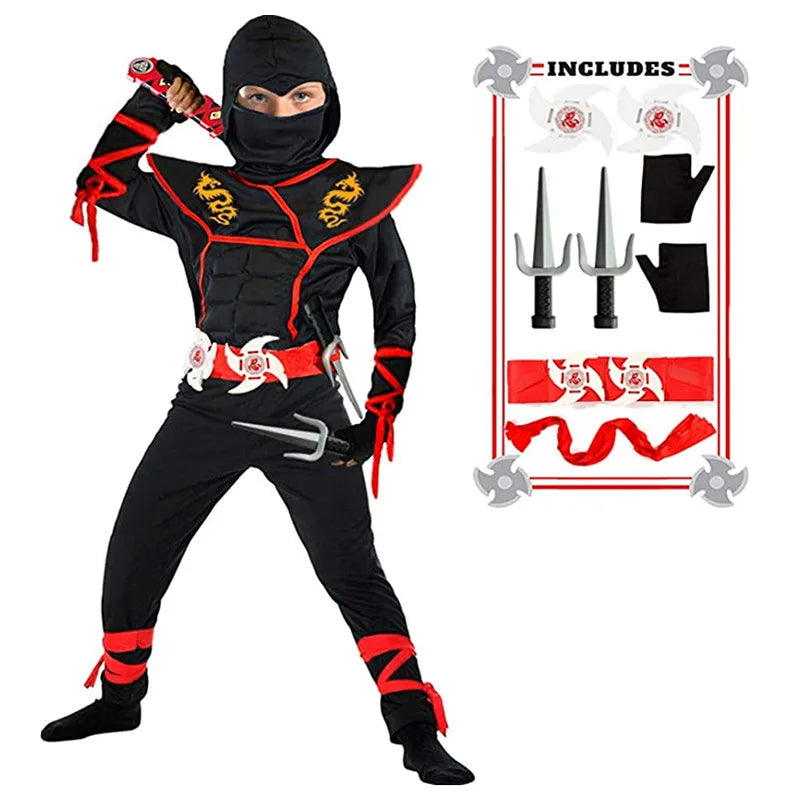 Red Ninja Costume Boy Halloween Japanese Samurai Costume Kid Ninja Jumpsuit with Ninja Foam Accessories Best Children Gift