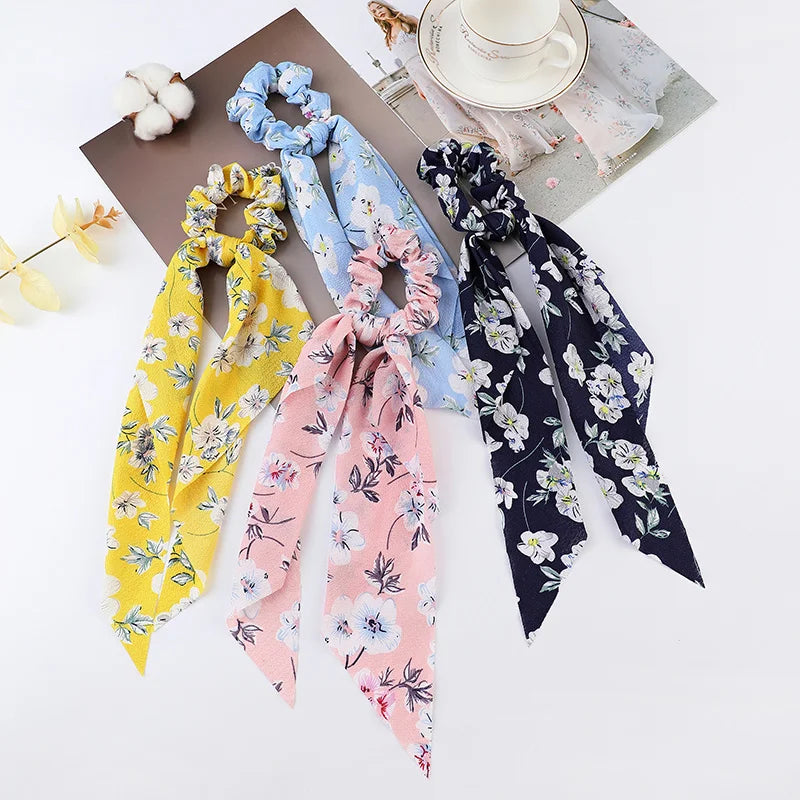 Fashion Flower Print Bow Satin Long Ribbon Ponytail Scarf Tie Scrunchies Women Girls Elastic Bands Hair Accessories